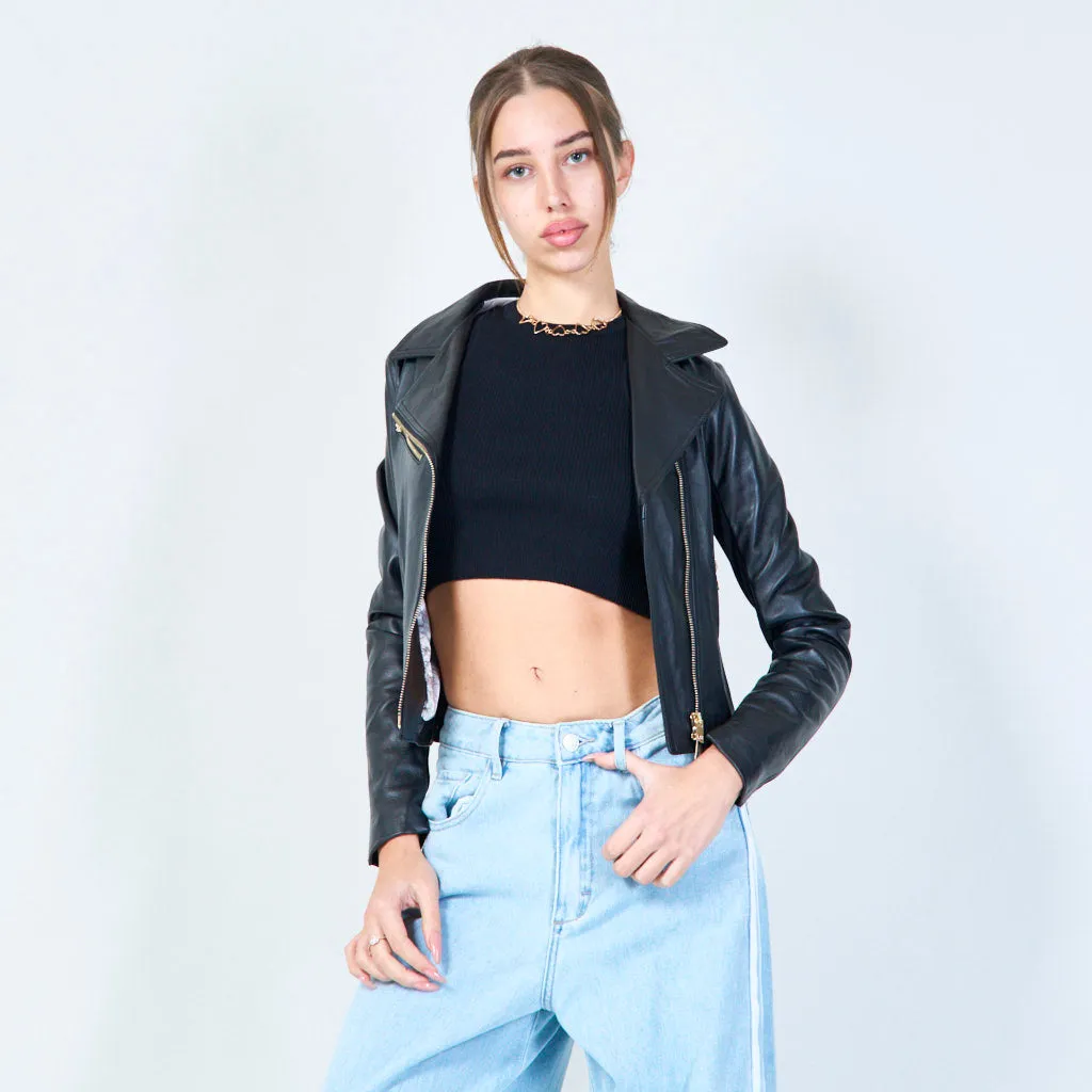 Asymmetric cropped leather jacket wholesale