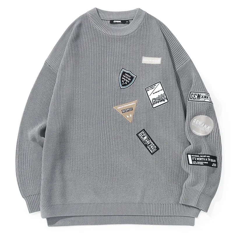 Asymmetric Label Geometric Patchwork Crew Neck Sweater