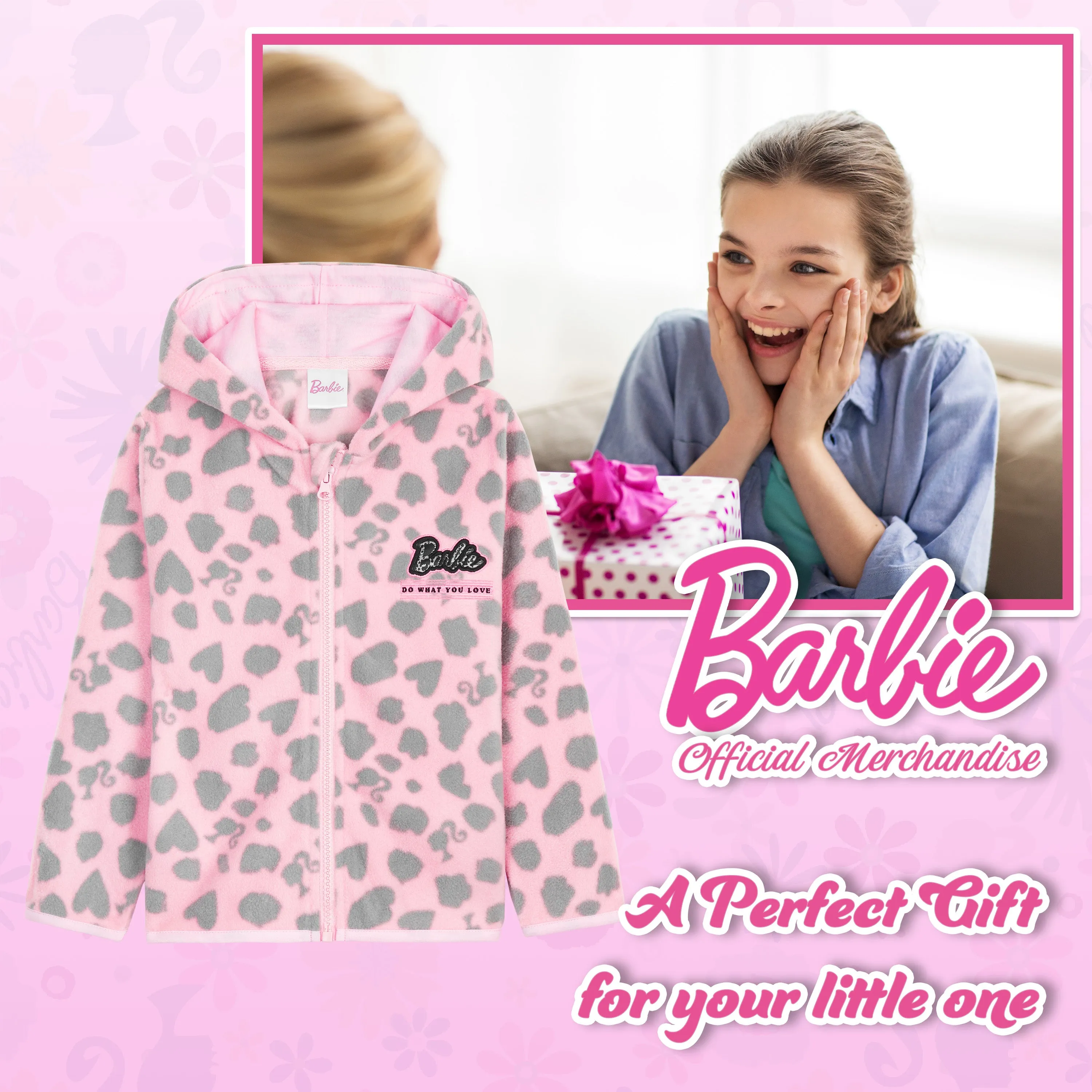 Barbie Girls Jacket - Pink Hooded Fleece Jackets for Girls