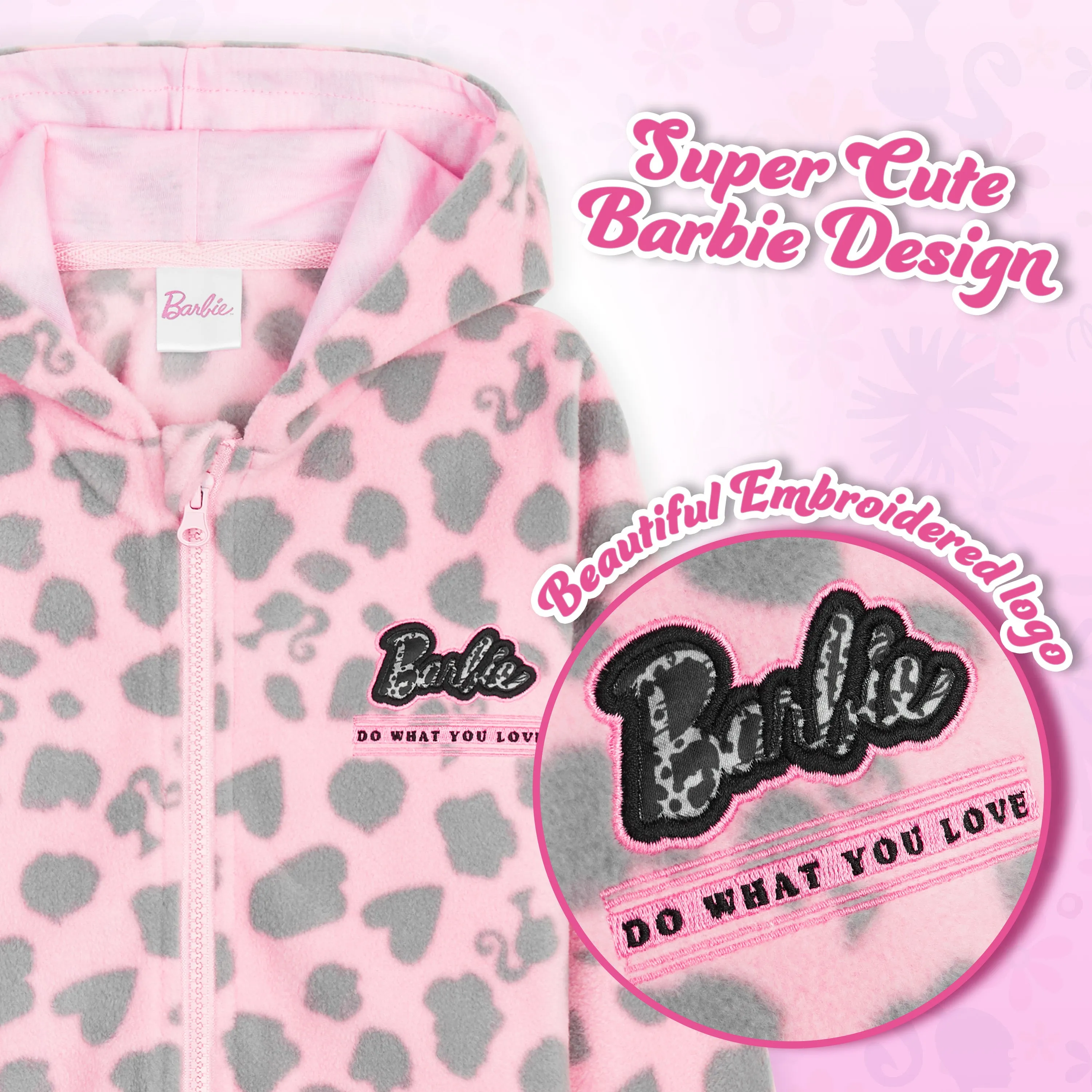 Barbie Girls Jacket - Pink Hooded Fleece Jackets for Girls