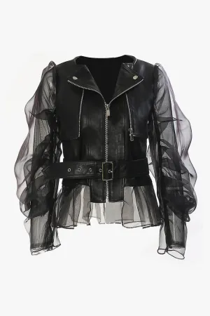 Biker Sheer Organza Sleeve Metallic Zip Up Belted Peplum Leather Jacket