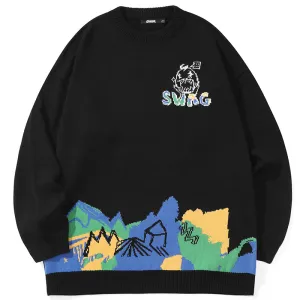 Black Graffiti Cartoon Jacquard Pullover Sweater