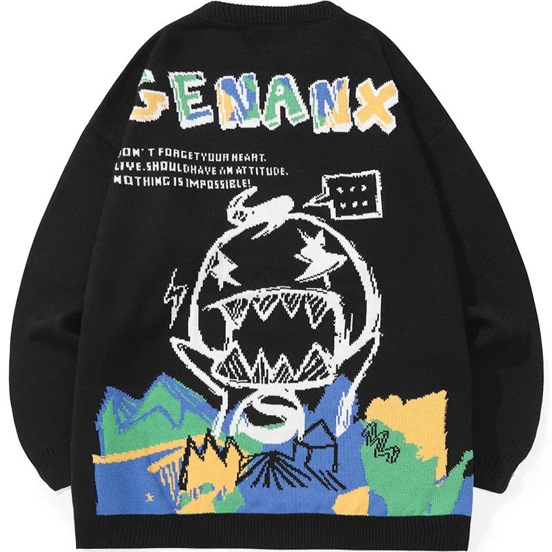 Black Graffiti Cartoon Jacquard Pullover Sweater