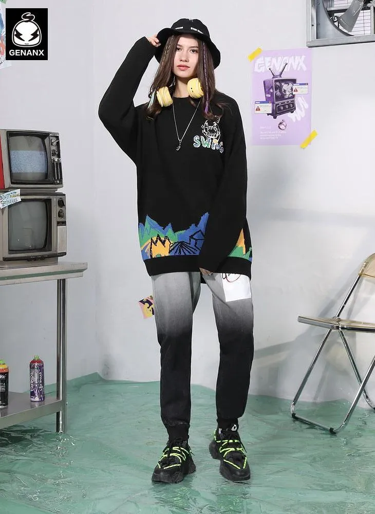 Black Graffiti Cartoon Jacquard Pullover Sweater