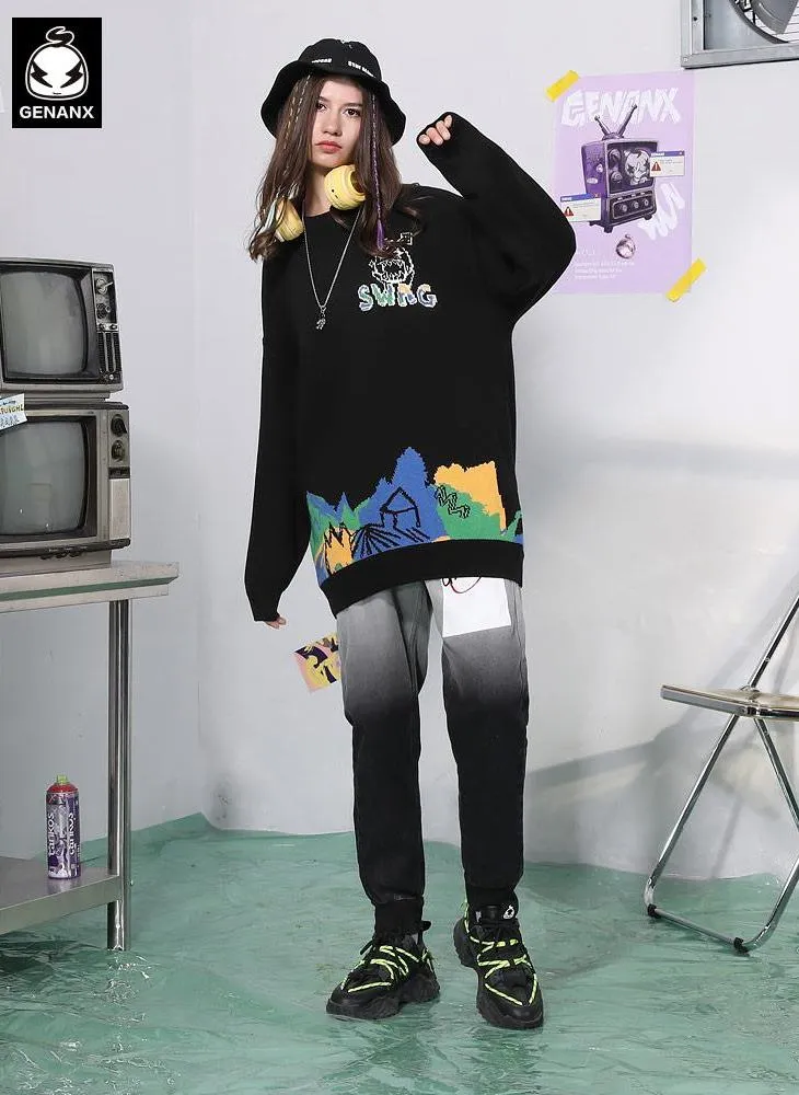 Black Graffiti Cartoon Jacquard Pullover Sweater