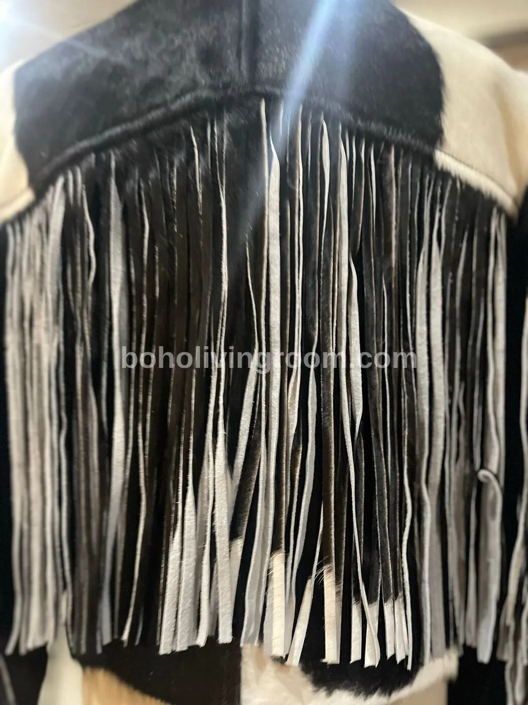 Black White Cow Fur Jacket With Fringes