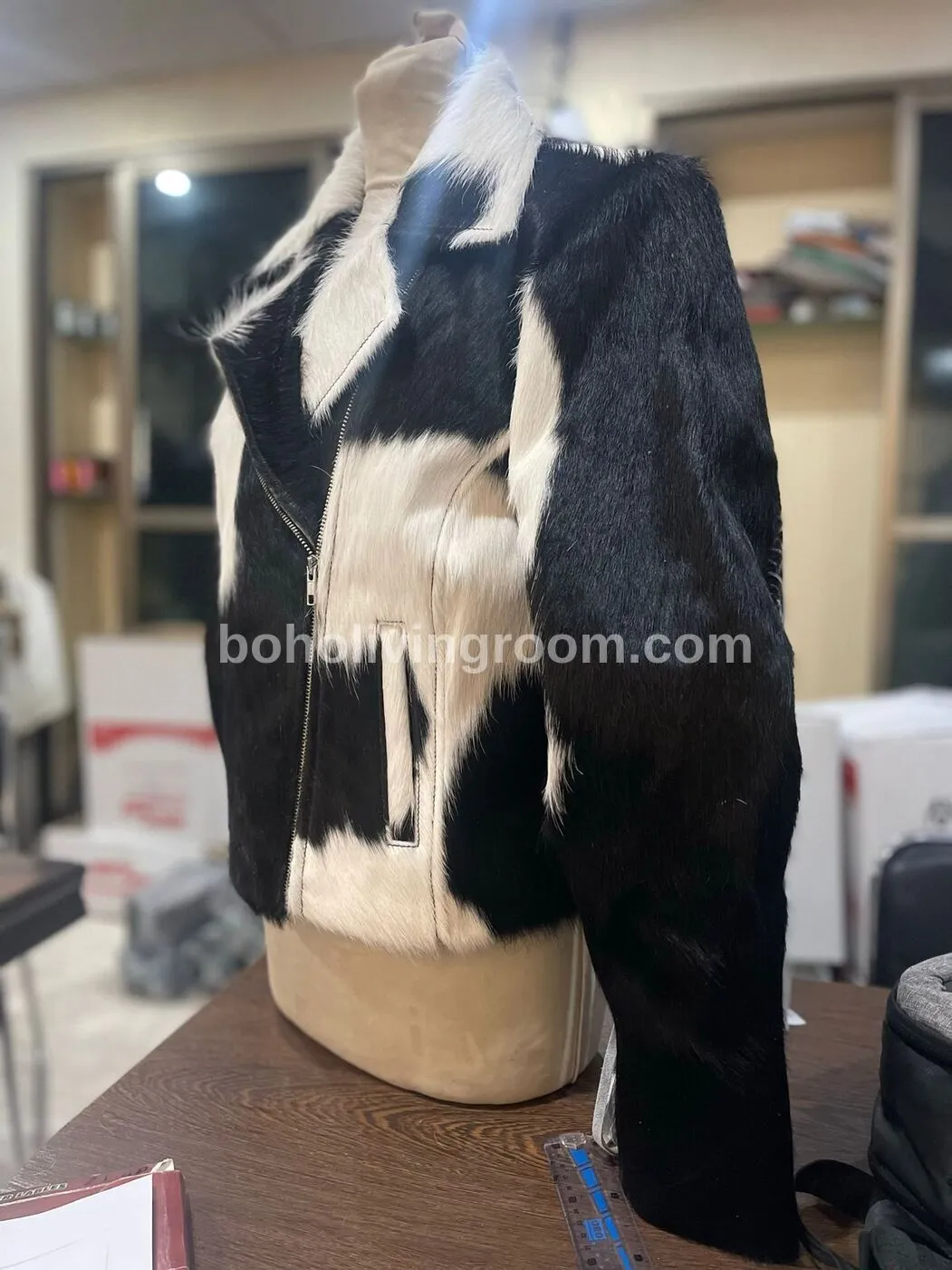 Black White Cow Fur Jacket With Fringes