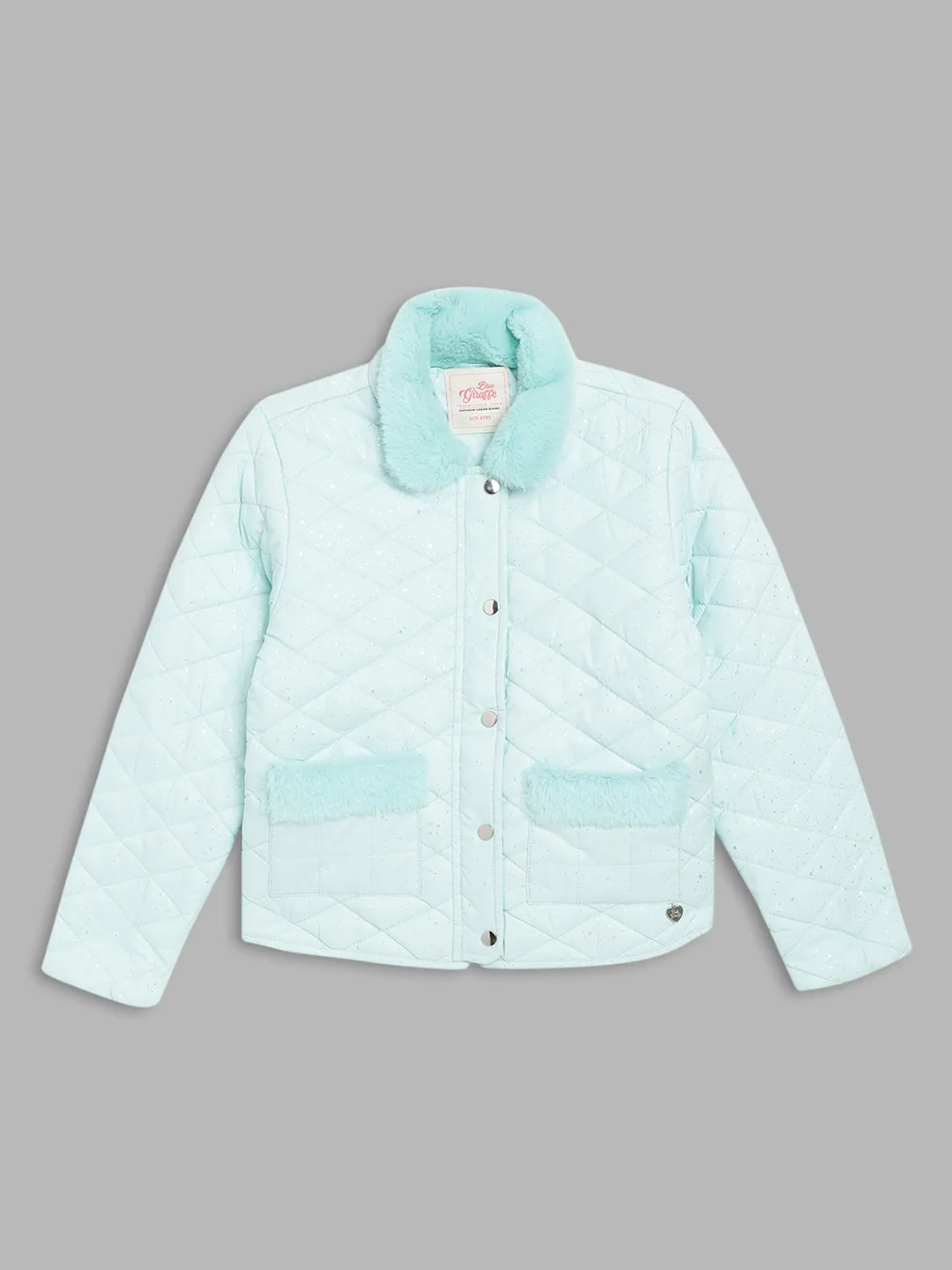 Blue Giraffe Girls Blue Printed Shirt Collar Full Sleeves Quilted Jacket