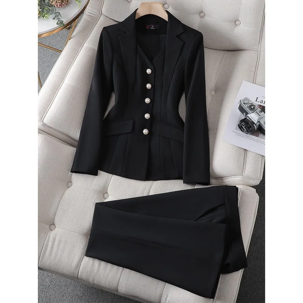 CAROLINE SUITS Women's Elegant Stylish Fashion Office Blazer Jacket & Pants Black Suit Set with Size Chart Guide