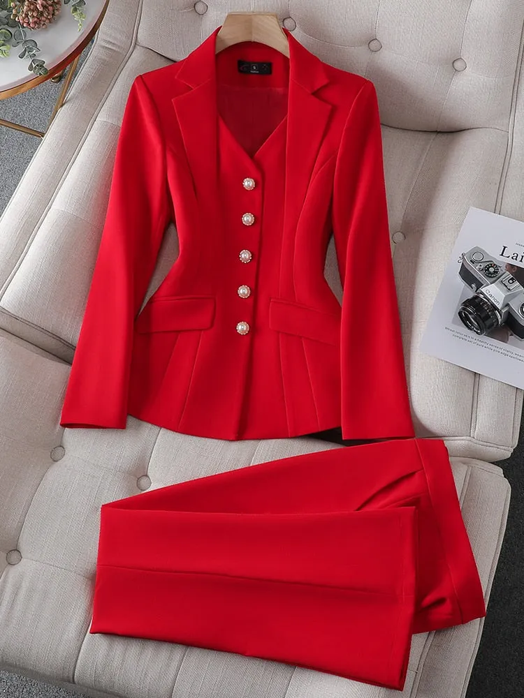 CAROLINE SUITS Women's Elegant Stylish Fashion Office Blazer Jacket & Pants Red Suit Set with Size Chart Guide