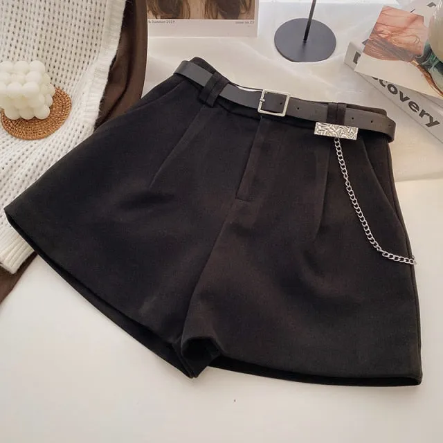 Casual Comfortable Elegant Shorts With Belt Women's Woolen Shorts