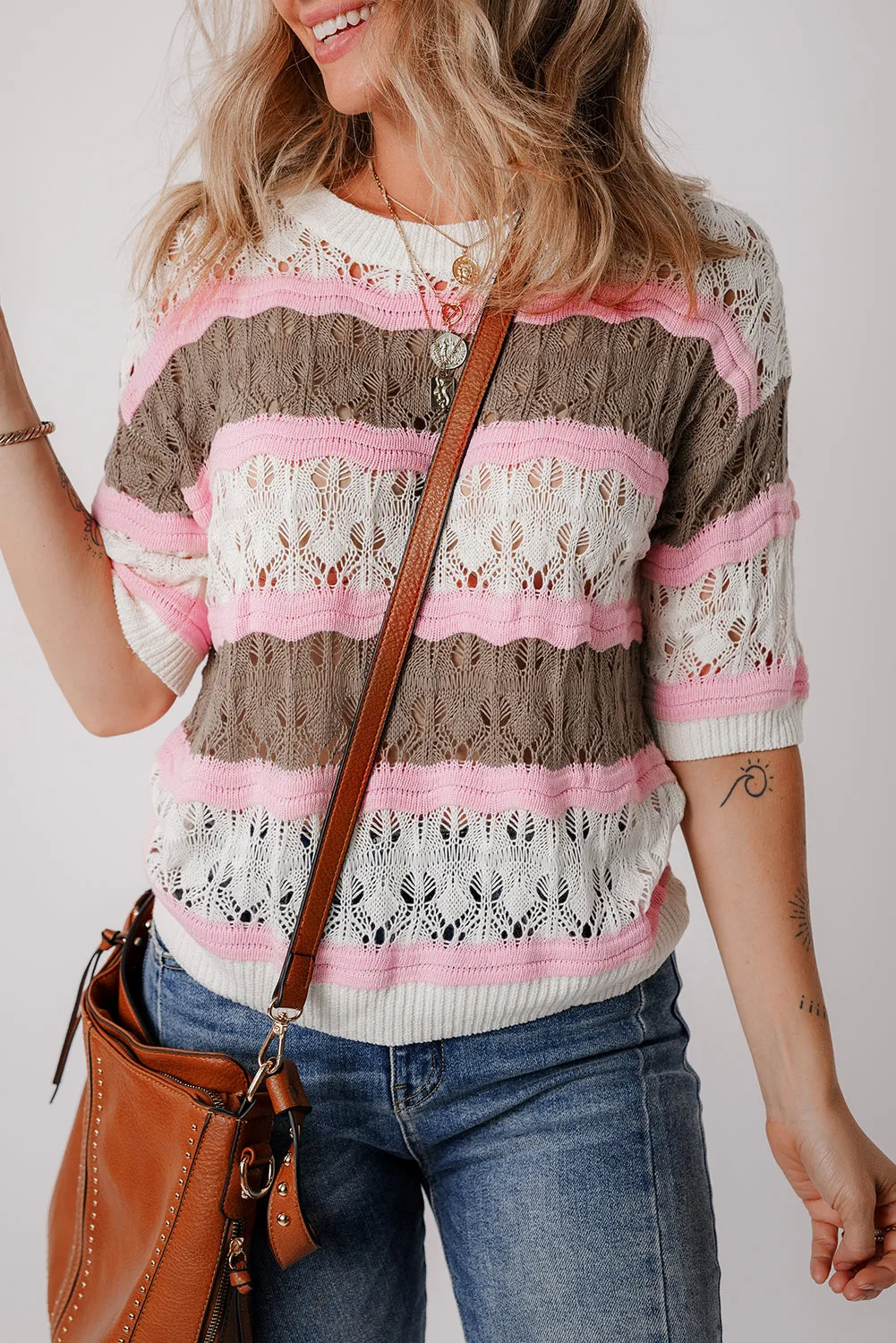 Color Block Hollow Out Crochet Sweater