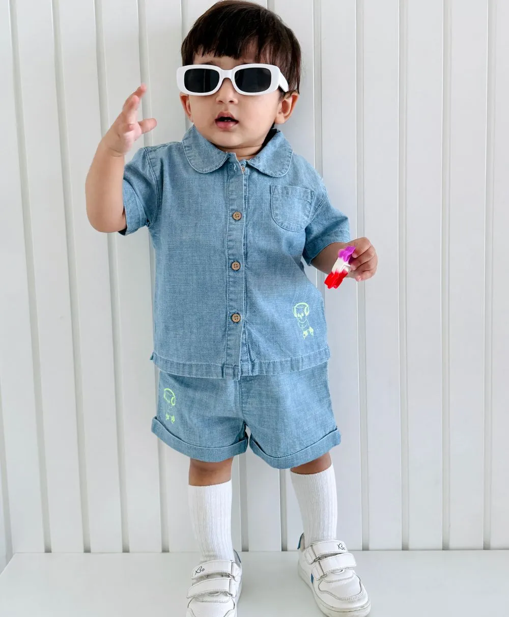 Cotton Denim Shirt & Shorts Co-ord Set