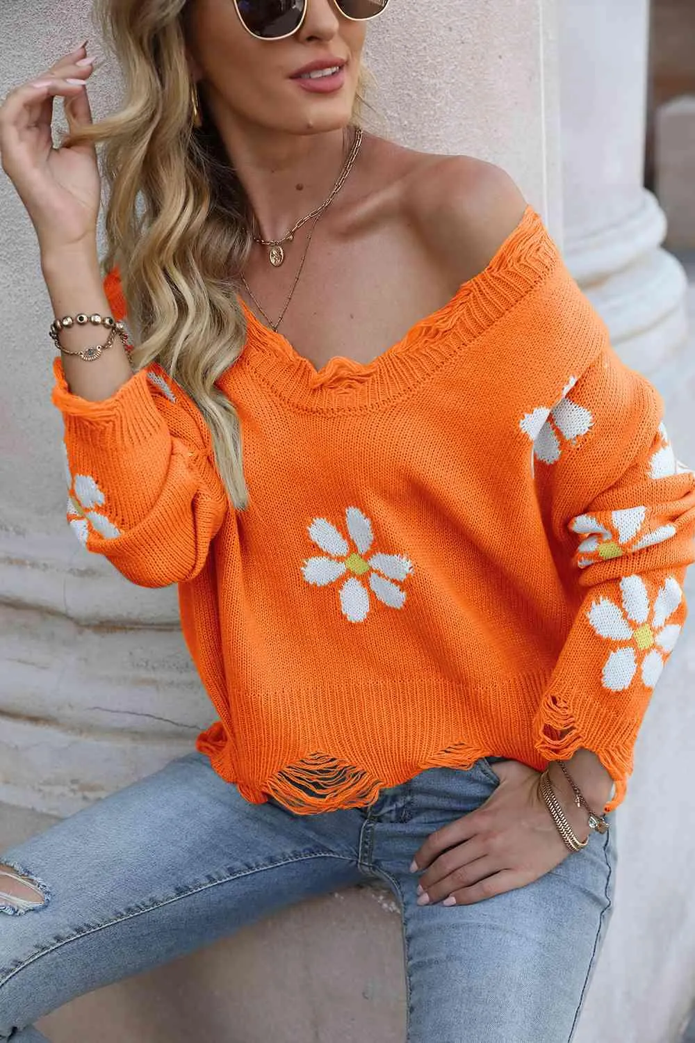 Cozy Blossom Distressed Knit Sweater