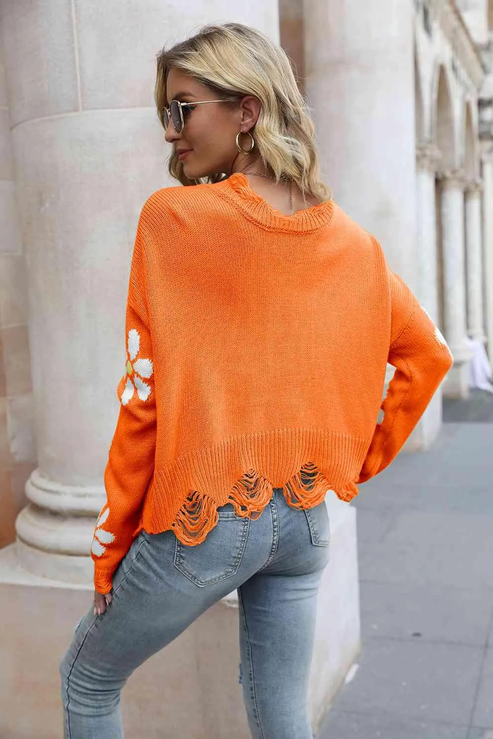 Cozy Blossom Distressed Knit Sweater