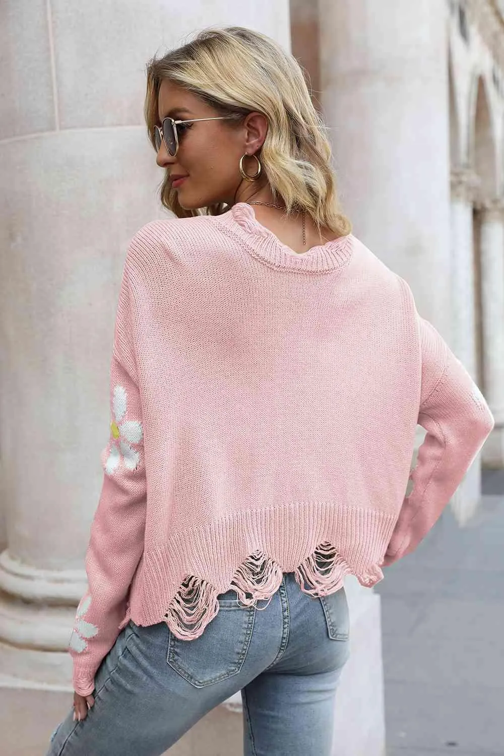 Cozy Blossom Distressed Knit Sweater