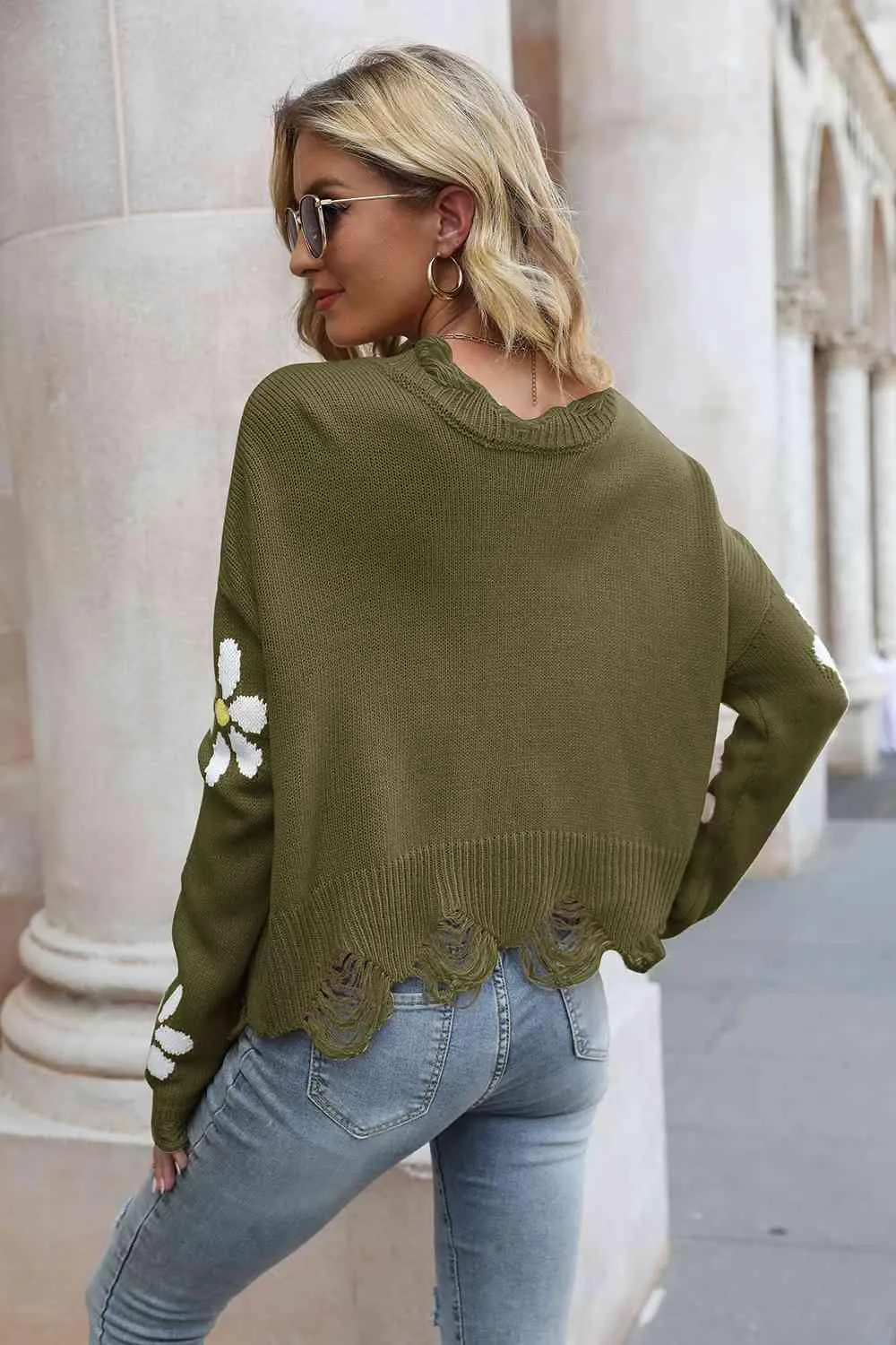 Cozy Blossom Distressed Knit Sweater