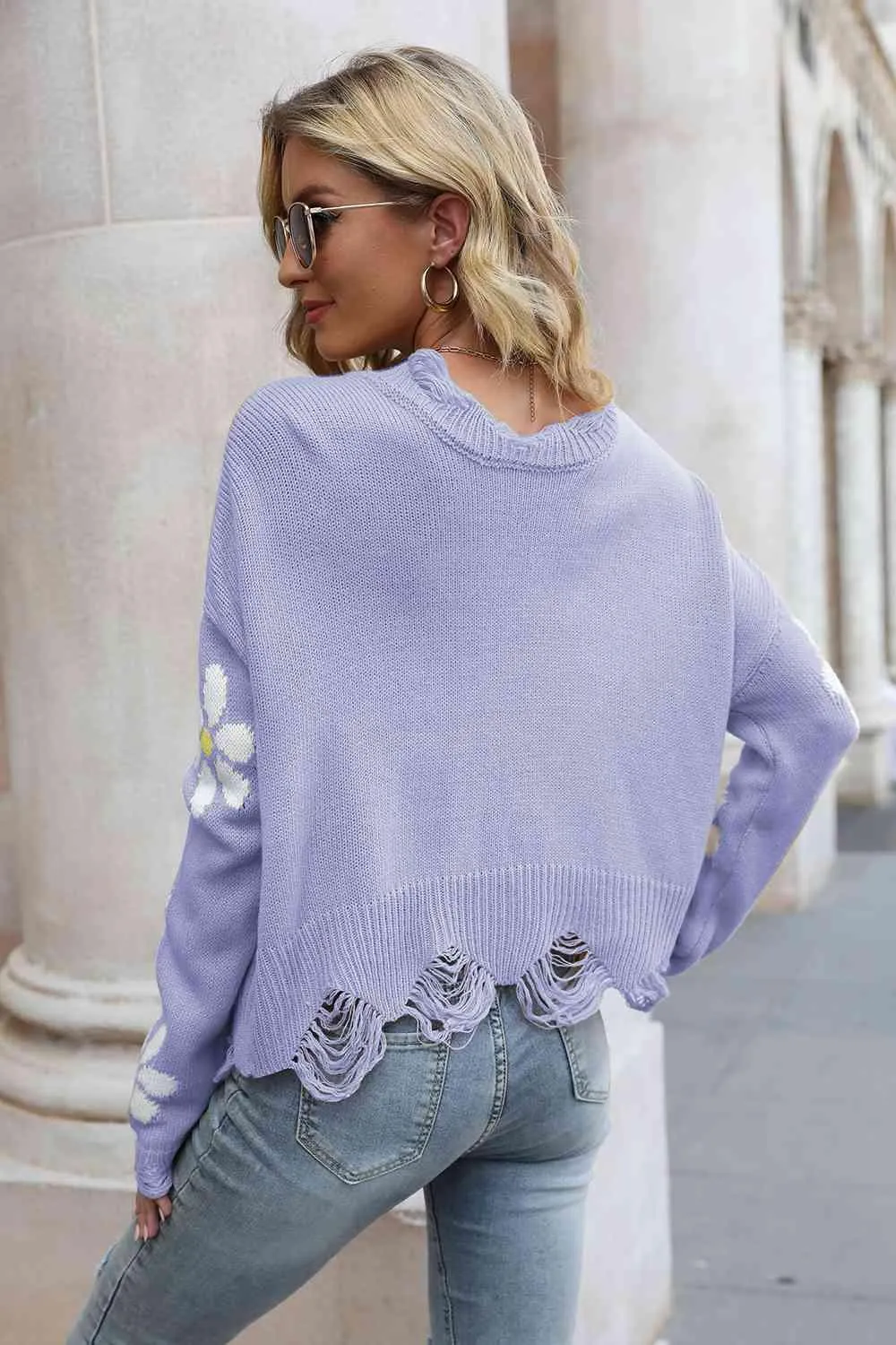 Cozy Blossom Distressed Knit Sweater