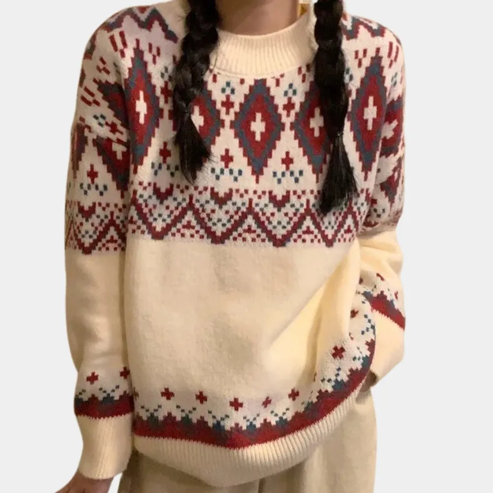 Elegant Fair Isle Sweater with Colorful Geometric Knit