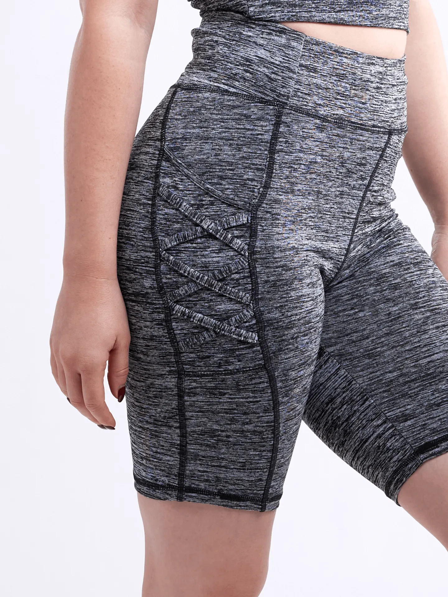 High-Waisted Workout Shorts with Pockets & Criss Cross Design