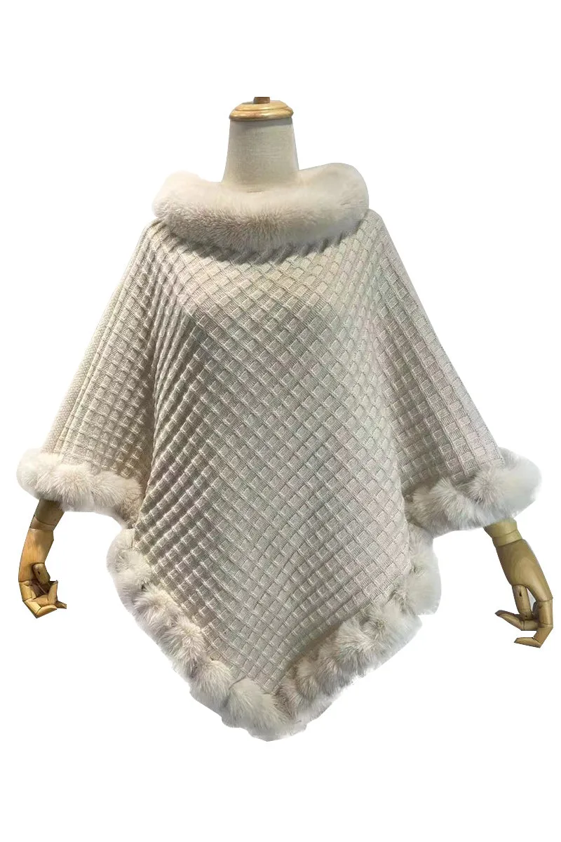 HWS1375 Luxe Faux Fur Trim Poncho