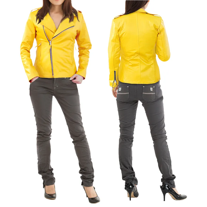 Leather Skin Women Ladies Bright Yellow Brando Genuine Leather Jacket