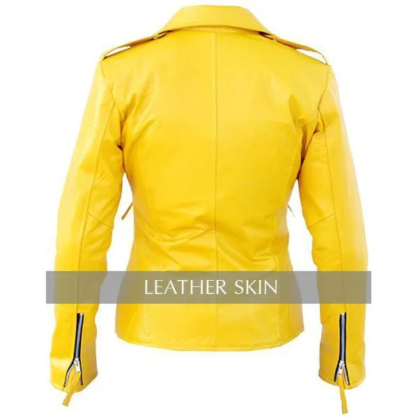 Leather Skin Women Ladies Bright Yellow Brando Genuine Leather Jacket