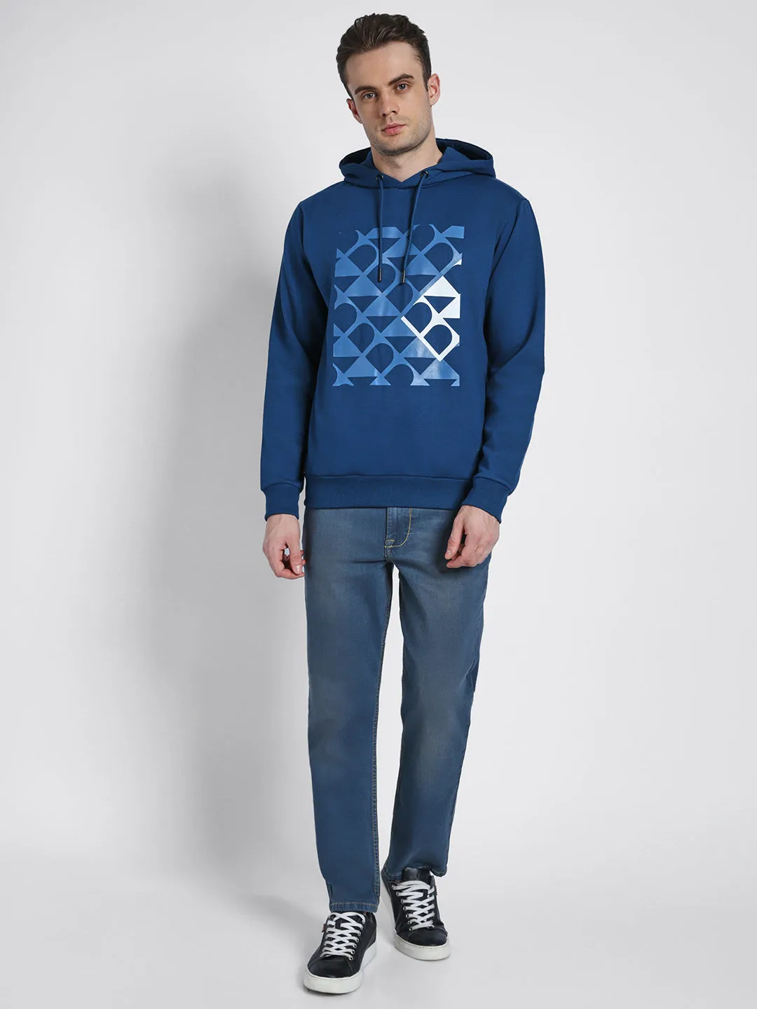 Men's Blue Printed Hooded Sweatshirt