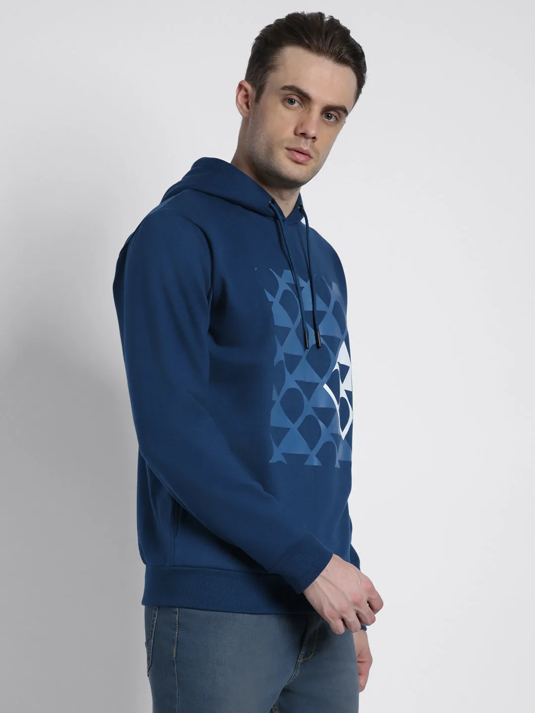 Men's Blue Printed Hooded Sweatshirt