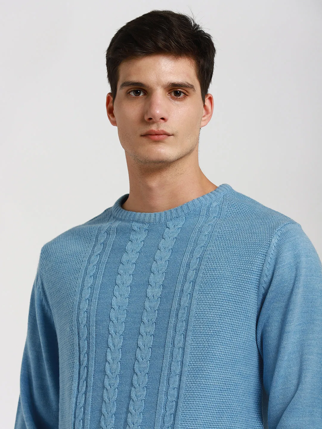 Men's Cable Knit Round Neck Pure Acrylic Pullover Sweater