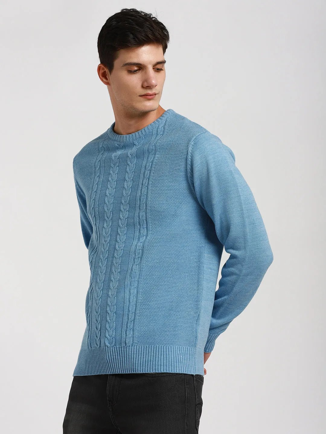 Men's Cable Knit Round Neck Pure Acrylic Pullover Sweater