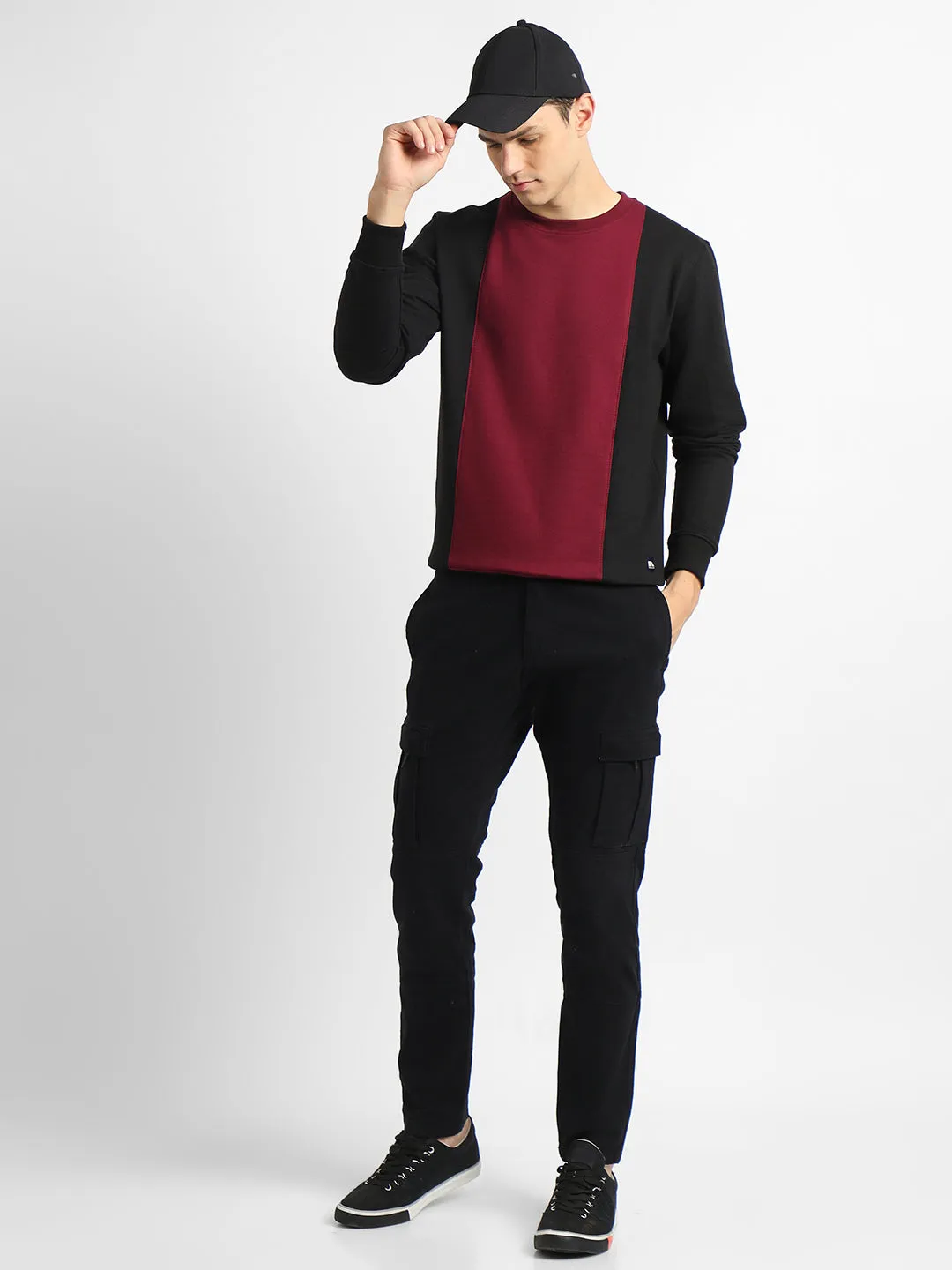 Men's Mock Neck Regular Fit Colourblock Black Sweatshirt