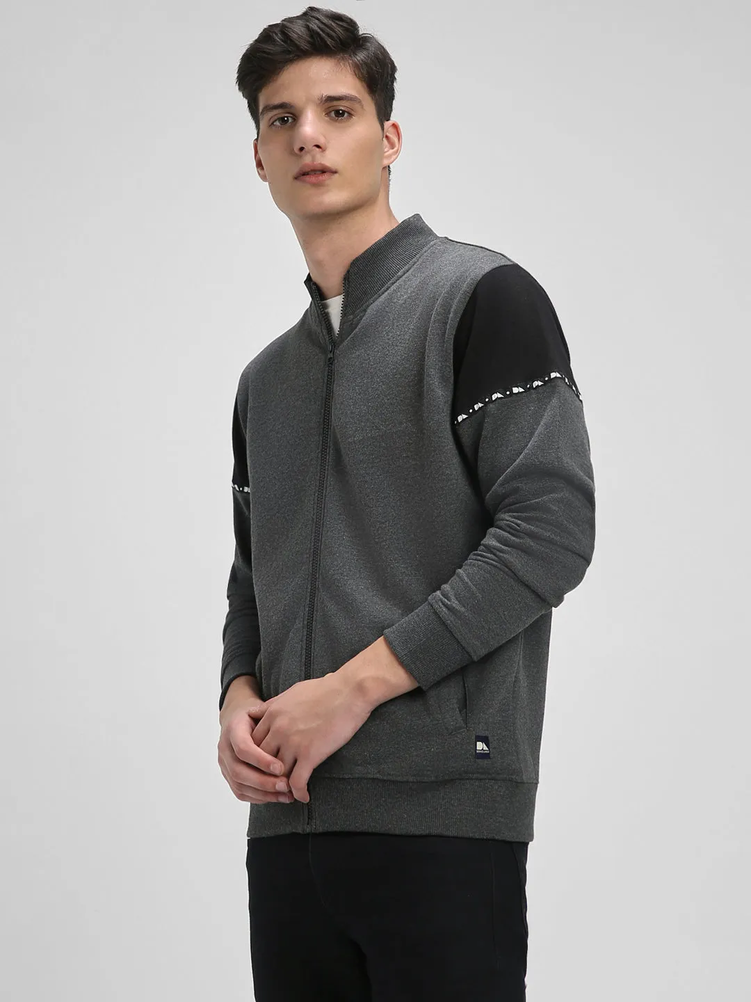 Men's Mock Neck Regular Fit Panelling Dark Grey Sweatshirt