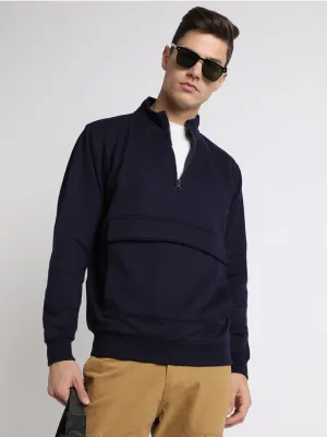 Men's Mock Neck Regular Fit Solid Patch Pocket Navy Sweatshirt