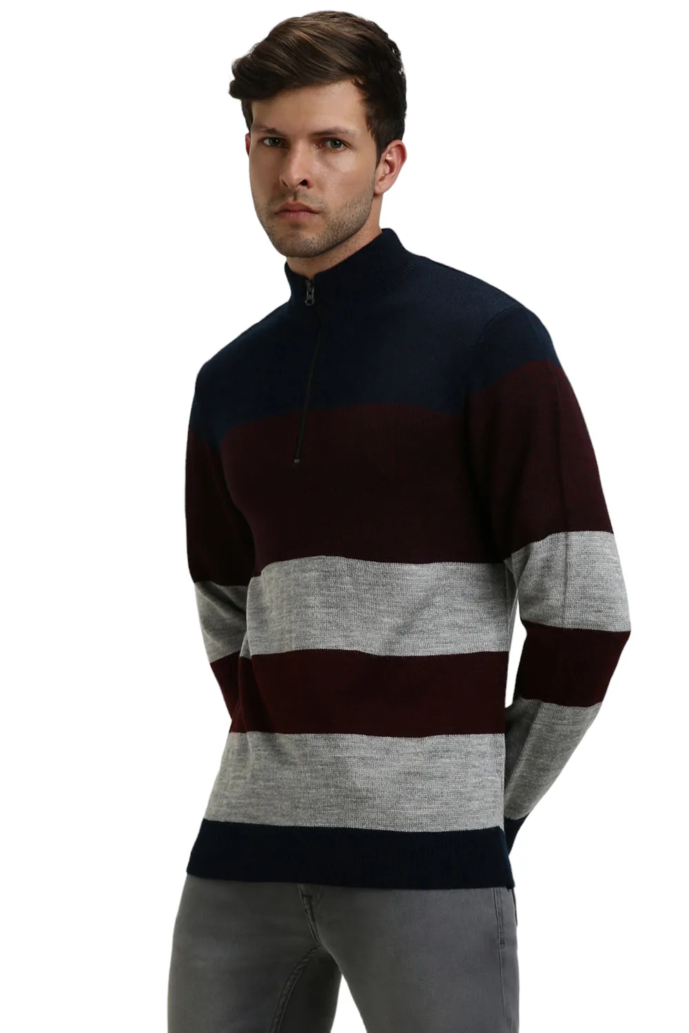 Men's Mock Regular Fit Striper Navy Sweater