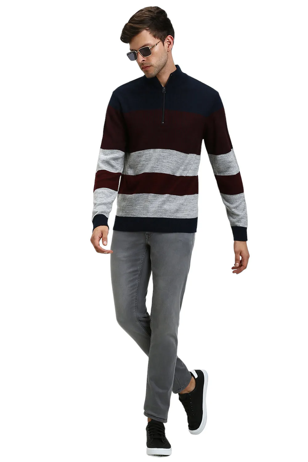 Men's Mock Regular Fit Striper Navy Sweater