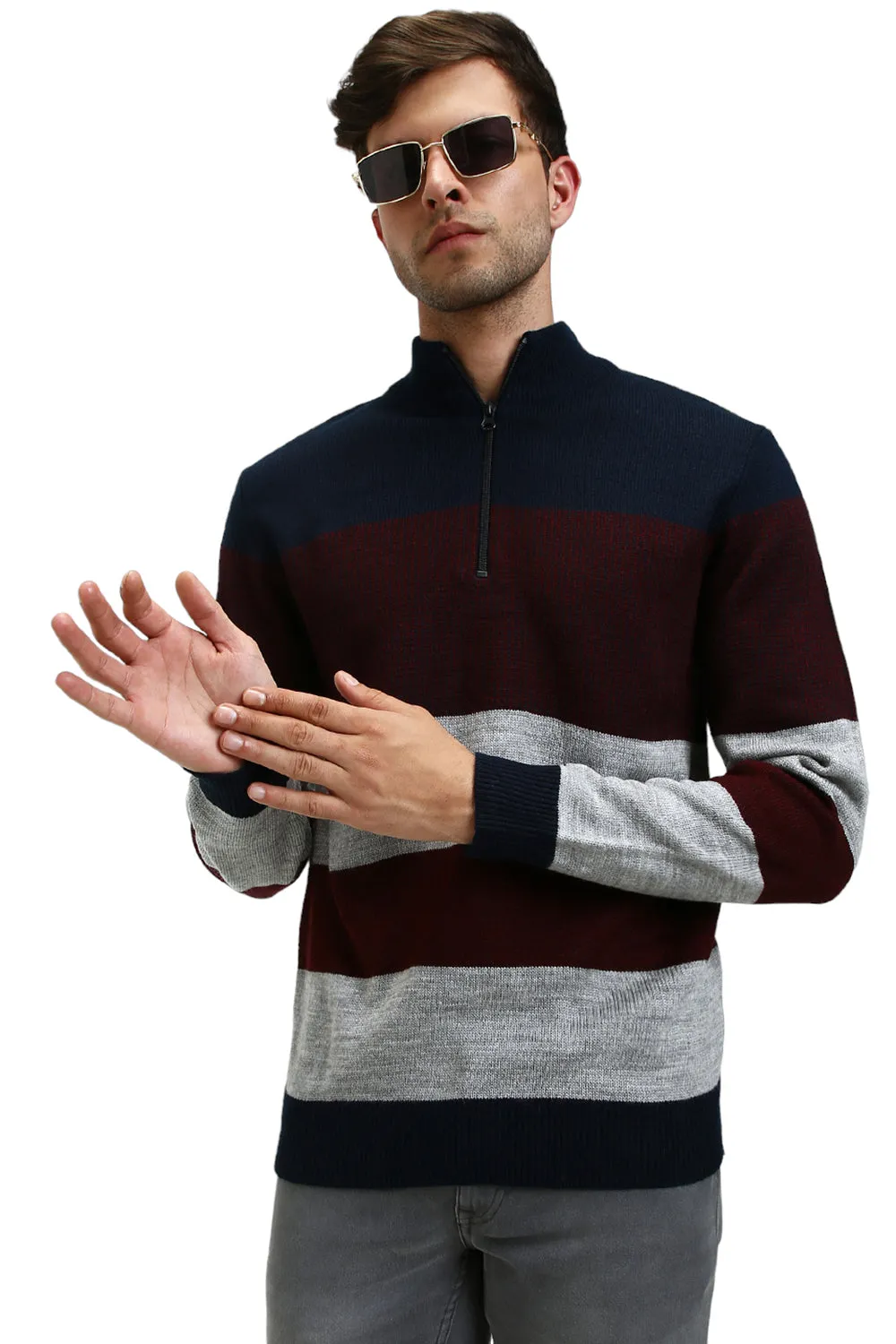 Men's Mock Regular Fit Striper Navy Sweater