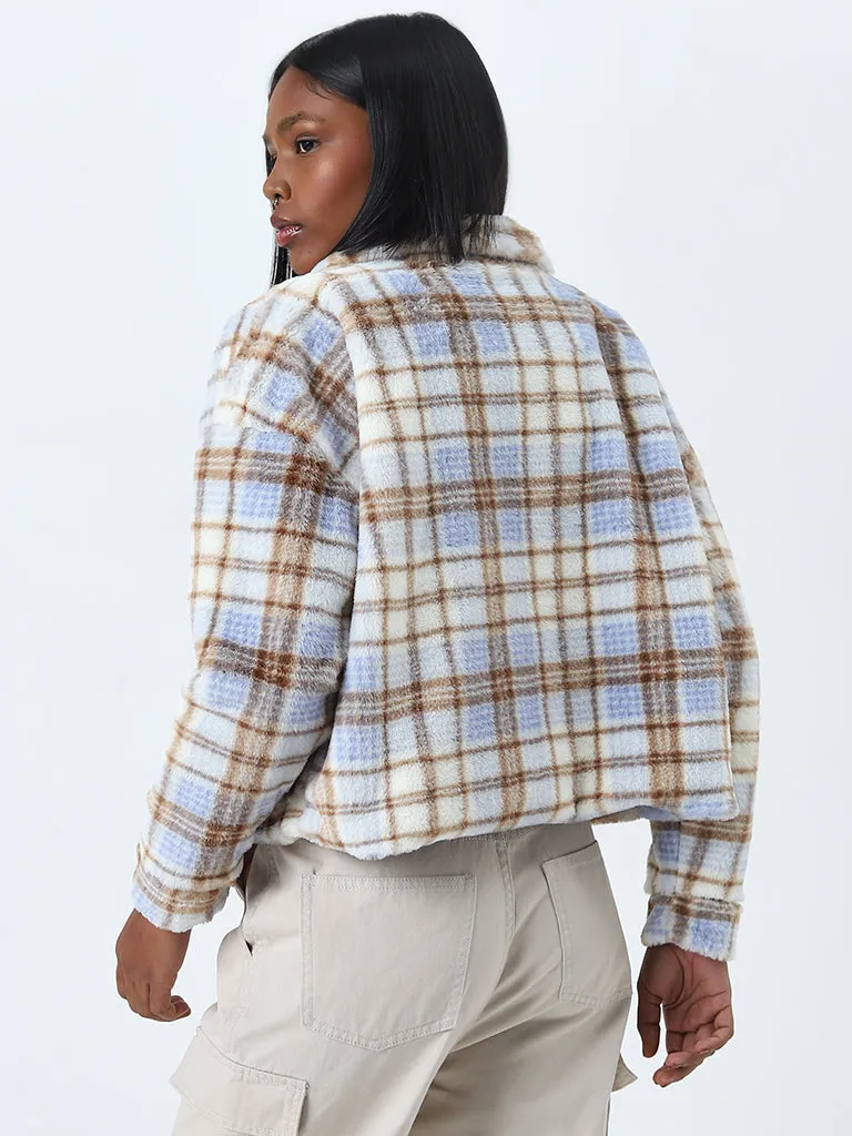 Nuon Beige Checkered Print Fleece Jacket