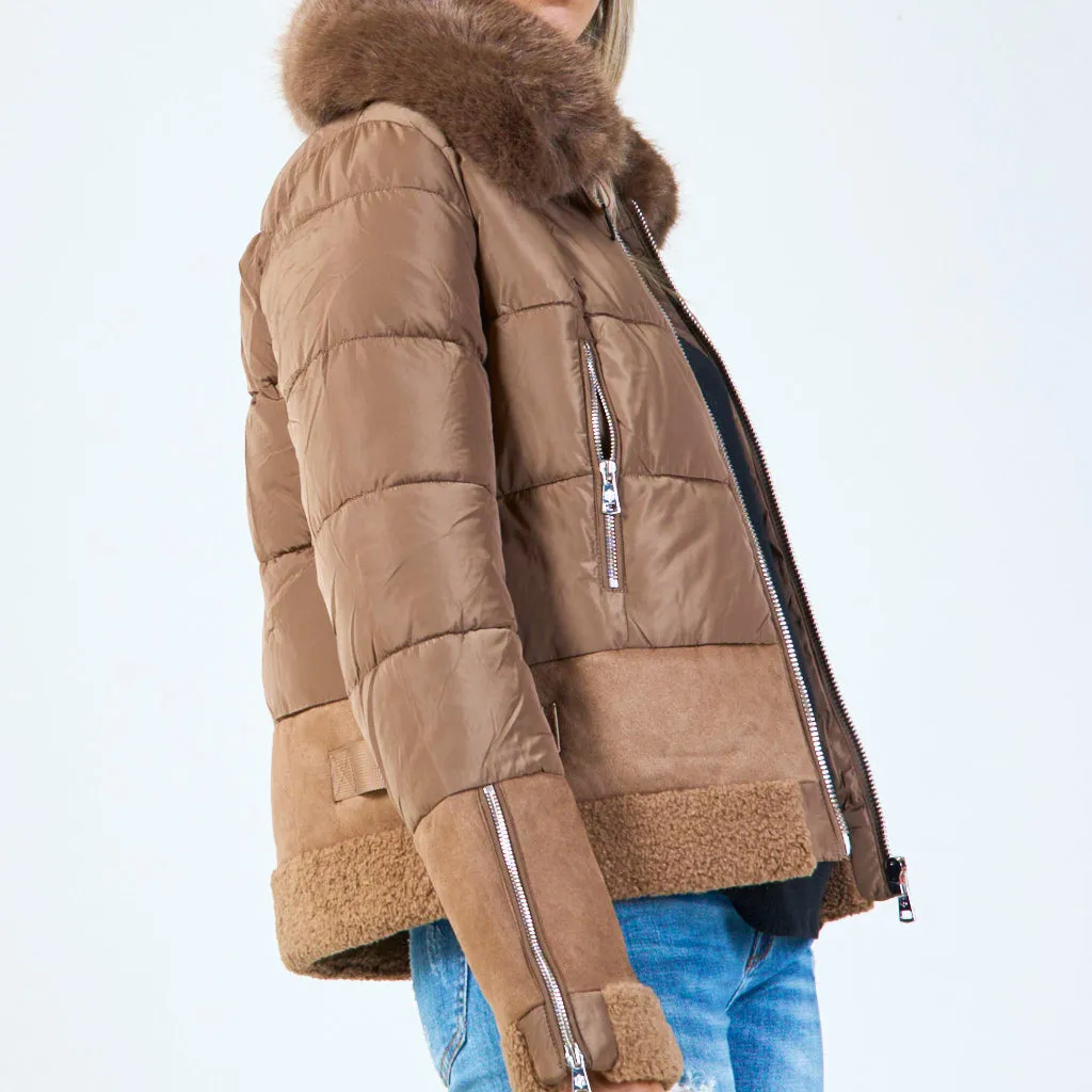 Short padded jacket with faux fur collar wholesale