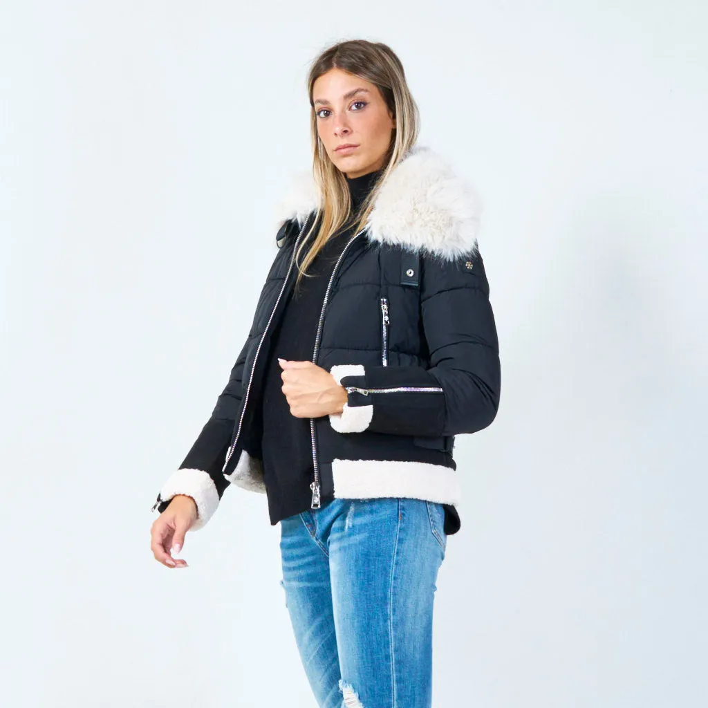 Short padded jacket with faux fur collar wholesale