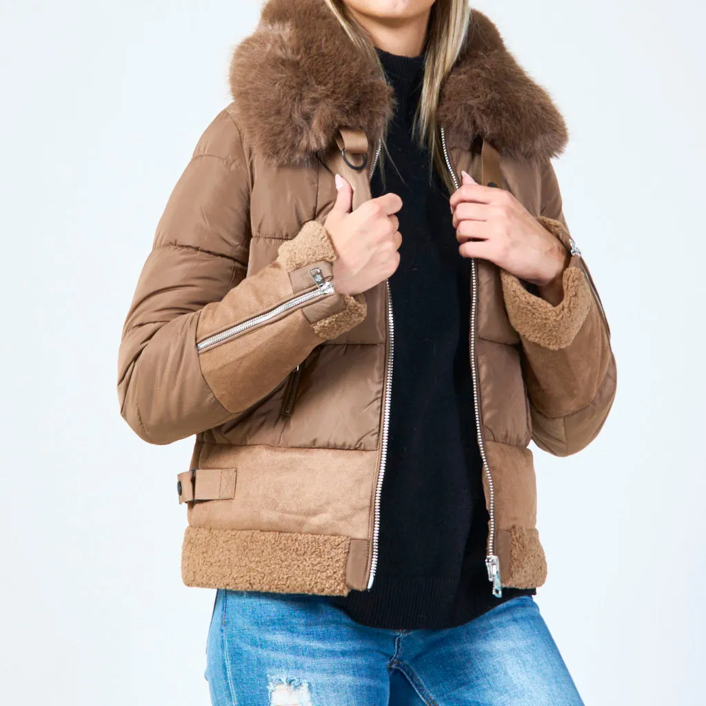 Short padded jacket with faux fur collar wholesale