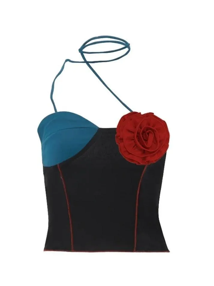 Three-dimensional Flower Decor Splice Halter Vest