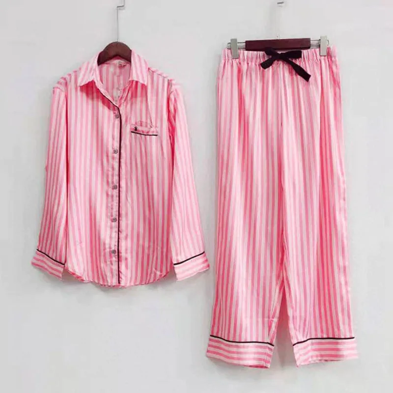 Two Piece Set Pajamas for Women Striped Satin Silk Sleepwear Pyjamas Pjs Shorts Sets Summer Autumn Short Loungewear Home Clothes