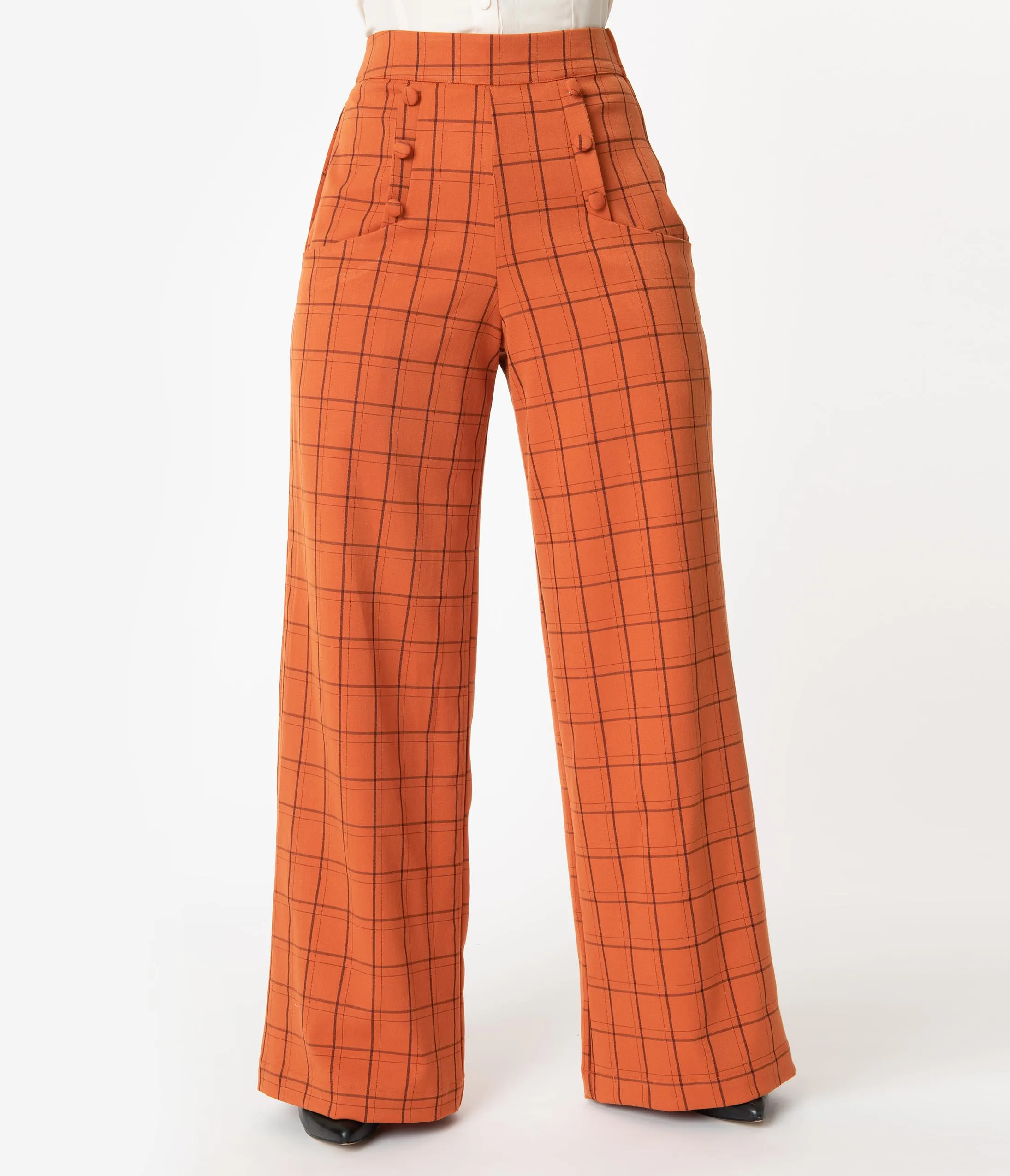 Unique Vintage 1940s Orange Windowpane High Waist Ginger Pants