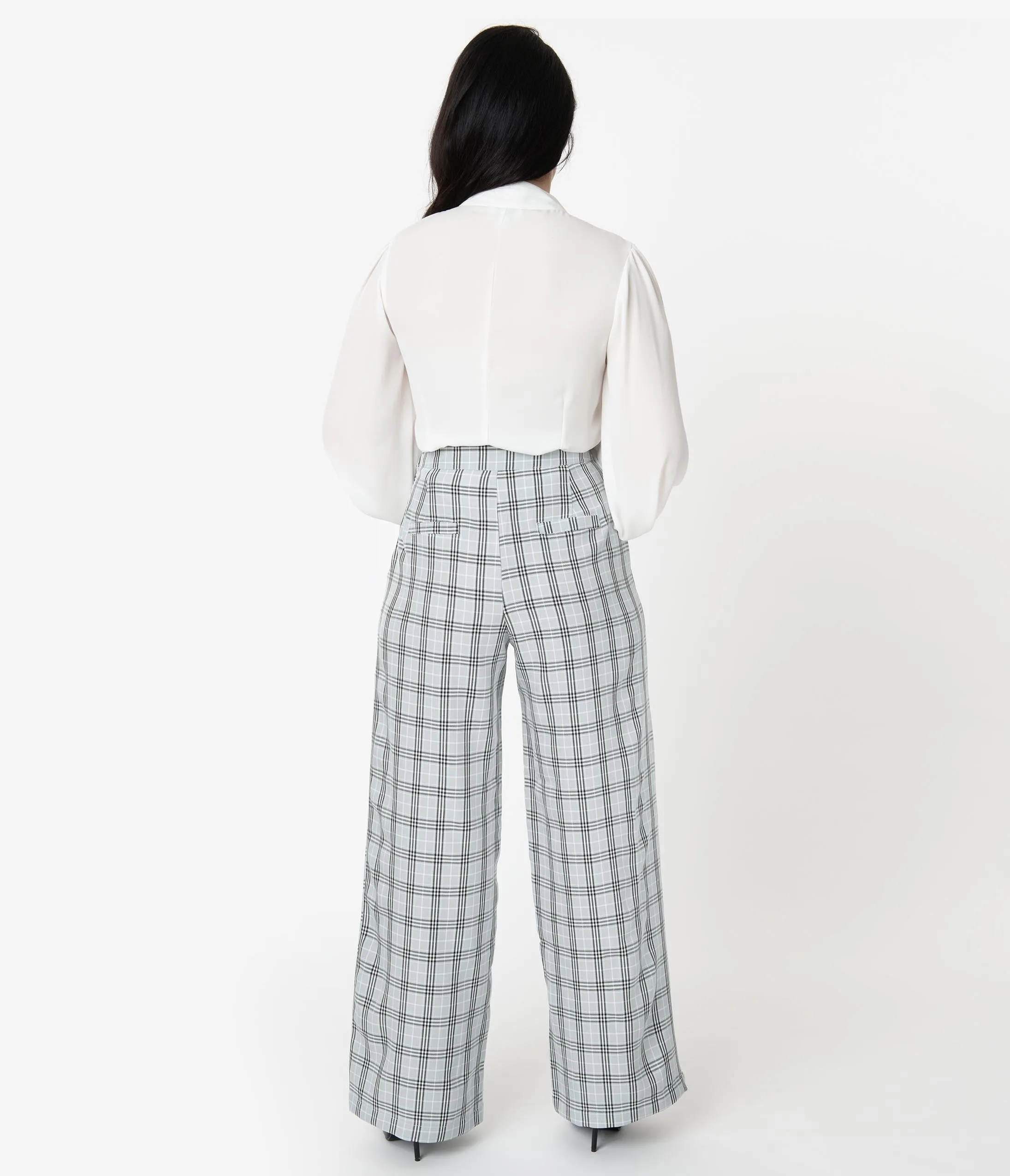 Unique Vintage 1940s Style Light Grey Plaid High Waist Ginger Pants