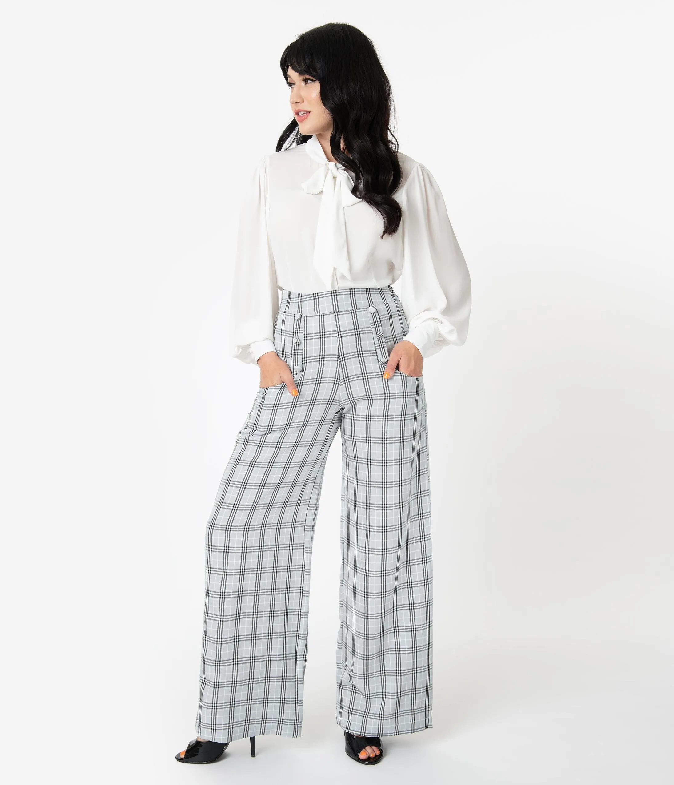 Unique Vintage 1940s Style Light Grey Plaid High Waist Ginger Pants