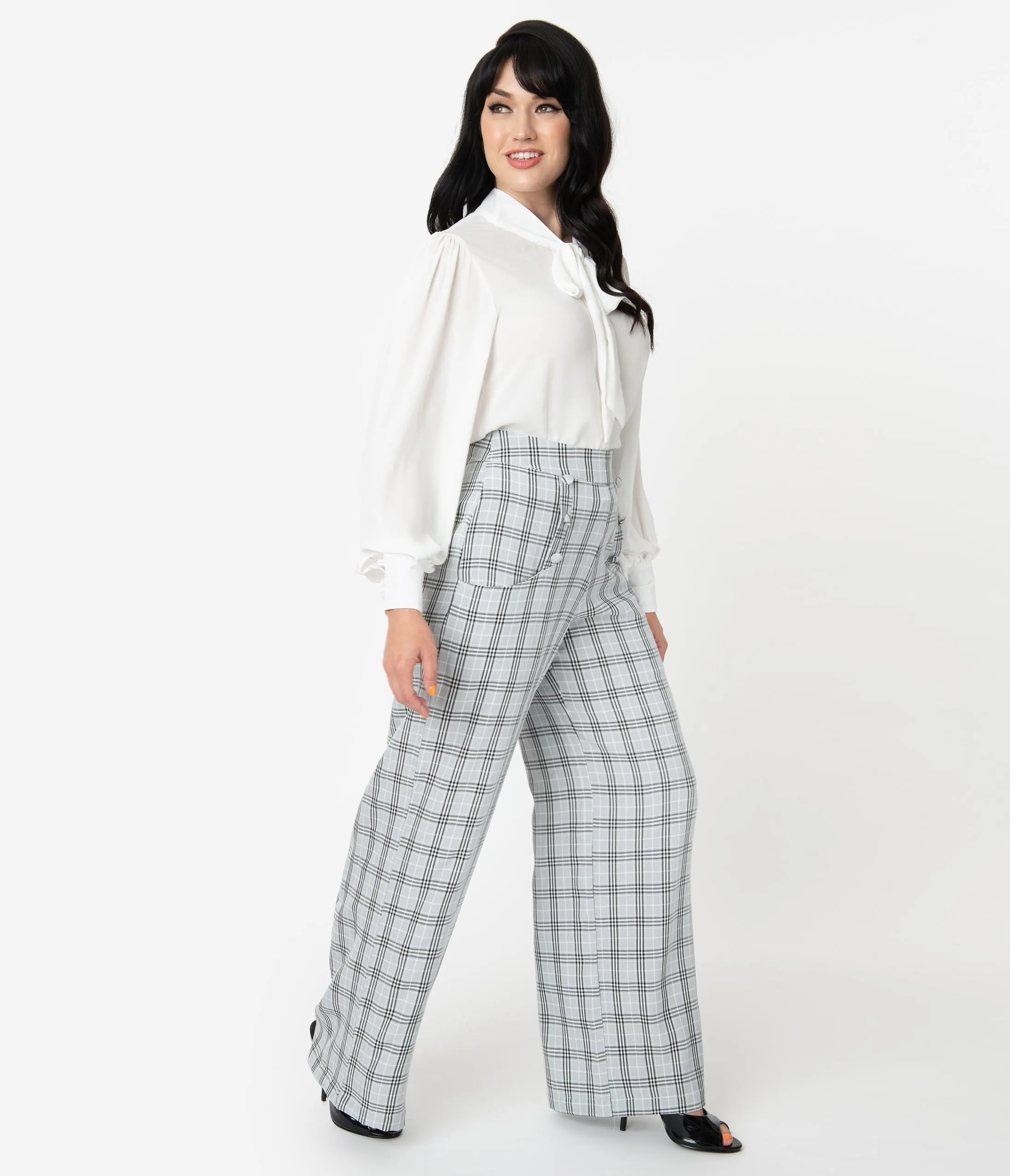 Unique Vintage 1940s Style Light Grey Plaid High Waist Ginger Pants