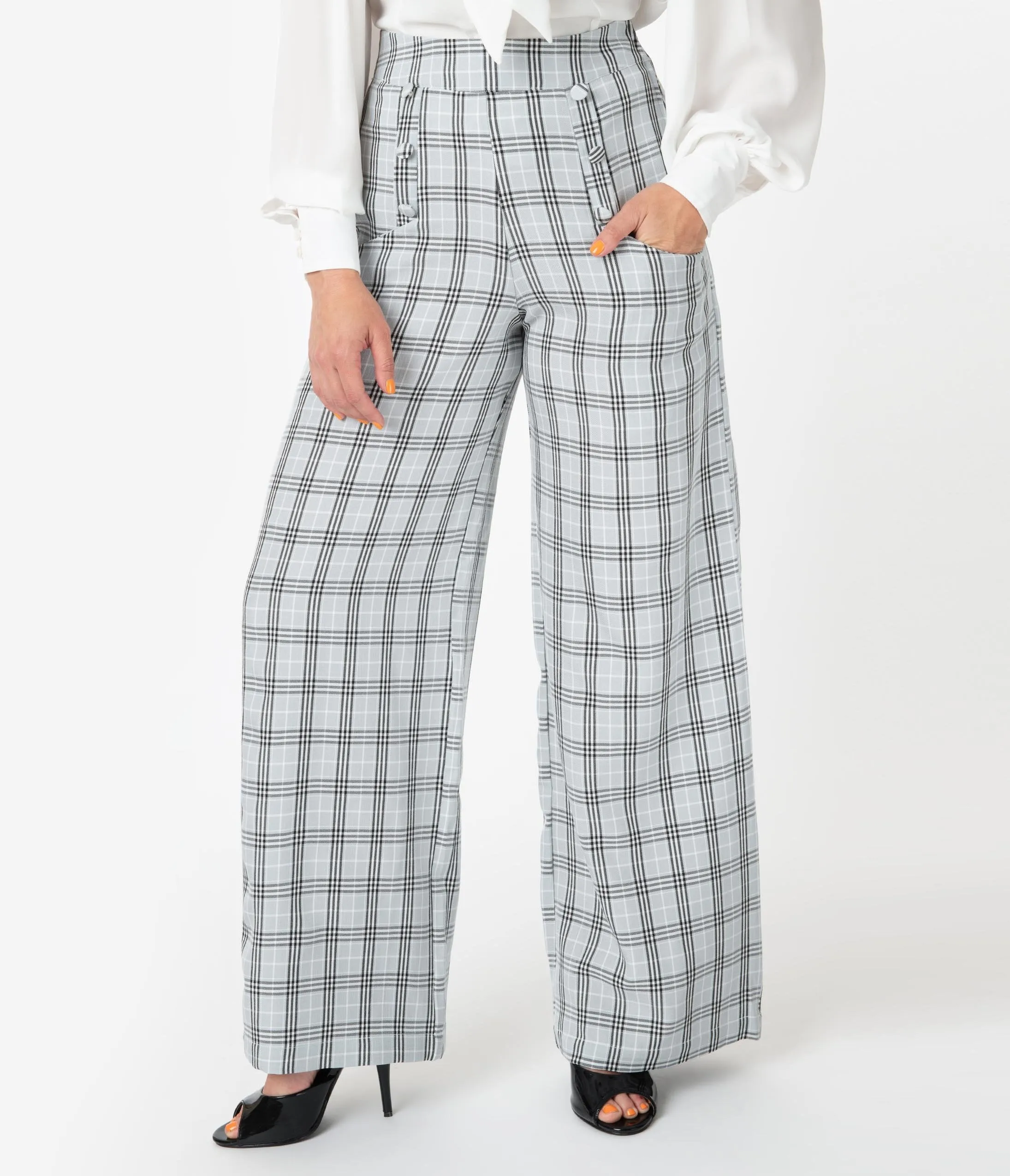 Unique Vintage 1940s Style Light Grey Plaid High Waist Ginger Pants