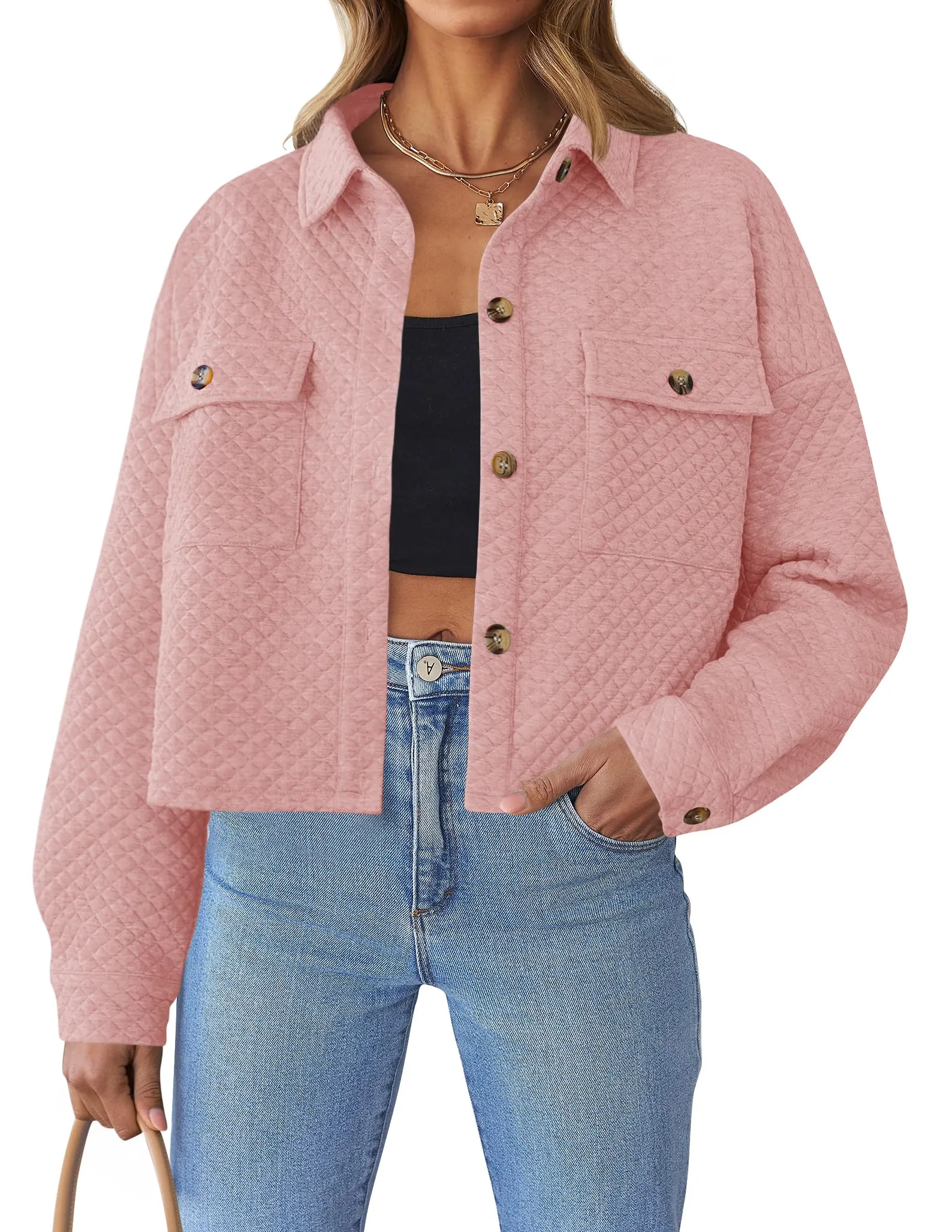 ZESICA Long Sleeve Button Down Lightweight Cropped Shacket