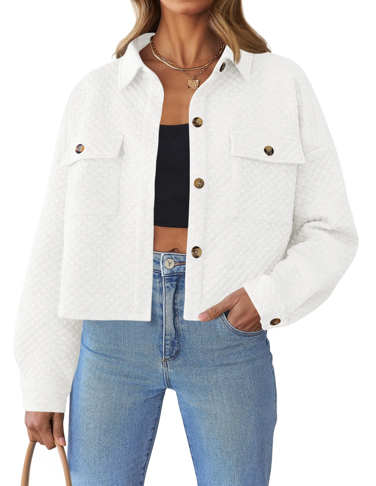 ZESICA Long Sleeve Button Down Lightweight Cropped Shacket